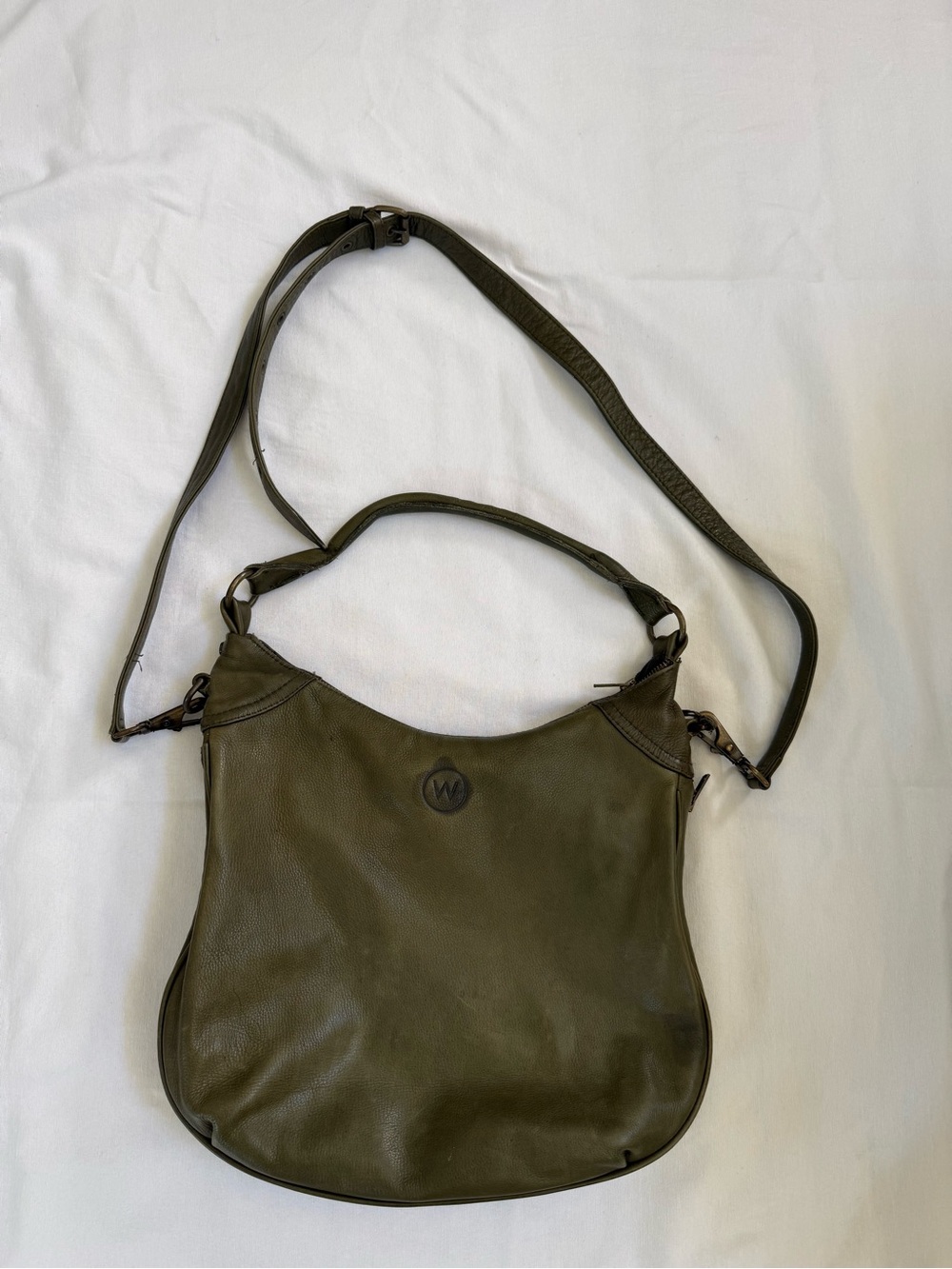 Olive Green Leather Shoulder Bag with Top Handle